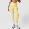 High waist yellow yoga leggings with white side stripes, stretchy gym fitness active pants. - Yellow