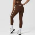 Brown high-waist yoga leggings with white side stripes, stretchy gym fitness activewear. - Brown