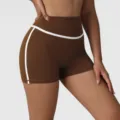 High waist yoga shorts for women activewear fitness gym workout brown contrast piping athletic pants - Brown
