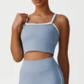 Ensemble haut de yoga à bretelles col carré faux deux pièces bleu avec legging assorti. - S / Hauts / Bleu