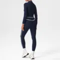 Women's dark blue long sleeve athletic jumpsuit yoga set with white trim, slim fit variant. - XL (Recommended 125-135 Jin) / Top And Bottom / Navy Blue