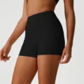 Women high waist athletic shorts in black, perfect for fitness, running and gym workouts. - S / Black