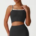 Femme col carre faux deux pieces yoga crop top fitness course sport haut debardeur noir - S / Hauts / Noir
