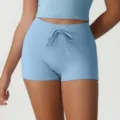 Short de yoga taille haute a cordon pour femme, pantalon court fitness sport elastique. - S (Suggéré 40-52.5kg) / Bleu Clair