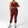 Plus size wine red yoga set for women, high waist fitness leggings and sports bra activewear. - 1XL / Top And Bottom / Burgundy