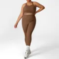 Plus size yoga set for women, breathable brown sports bra and high waist activewear leggings. - 1XL / Top And Bottom / Brown