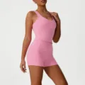 Conjunto de yoga rosa para mujer, camiseta deportiva sin costuras y pantalones cortos. - S (Sugerido 40-52.5kg) / Parte Superior e Inferior / Rosa brillante (top de tirantes + pantalones cortos)