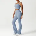 Conjunto de top corto acanalado azul y pantalón de yoga acampanado, fitness talle alto mujer. - S (Sugerido 40-52.5kg) / Parte Superior e Inferior / Azul (Camiseta de Tirantes + Pantalón Campana)