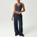 Conjunto deportivo mujer top corto cuello V cintura alta pantalón ancho chándal gimnasio - S (Sugerido 40-52.5kg) / Parte Superior e Inferior / Azul grisáceo (top de tirantes + pantalones informales)