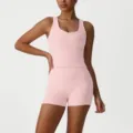 Conjunto de yoga acanalado rosa para mujer, ropa deportiva de fitness transpirable. - S (Sugerido 40-52.5kg) / Parte Superior e Inferior / Rosa (top de tirantes + pantalones cortos)