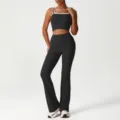 Conjunto de top corto y pantalon acampanado negro, ropa deportiva fitness de cintura alta. - S (Sugerido 40-52.5kg) / Parte Superior e Inferior / Negro (Camiseta de Tirantes + Pantalón Campana)