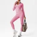 Pink high waist activewear set, long sleeve zip jacket and leggings for gym yoga fitness. - XL (Recommended 125-135 Jin) / Top And Bottom / Pink