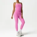 Pink color-block sports yoga set with high waist tummy control leggings and athletic bra. - S / Top And Bottom / Bright Rose Red