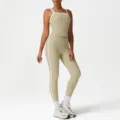 Women sports yoga set contrast color crop top high waist slimming leggings gym activewear. - S / Top And Bottom / Khaki