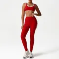 Red sport bra and high waist leggings set, contrast white trim yoga activewear variant. - S / Top And Bottom / Red
