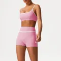 Pink high waist athletic yoga set with sports bra and shorts for women fitness running gym. - XL (Recommended 125-135 Jin) / Top And Bottom / Pink