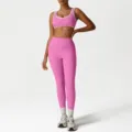 Pink color-block sports yoga set with high-waist leggings and contrast trim active bra. - S / Top And Bottom / Bright Rose Red
