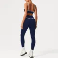 Navy blue yoga set with white trim, featuring a backless sports bra and high-waist fitness leggings. - XL (Recommended 125-135 Jin) / Top And Bottom / Navy Blue (Bra + Pants)