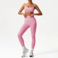 Pink high-waist yoga set with white trim, comfortable athletic wear for fitness, running. - XL (Recommended 125-135 Jin) / Top And Bottom / Pink