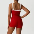 Red white contrast athletic fitness romper yoga gym workout activewear shorts jumpsuit - S / Top And Bottom / Red