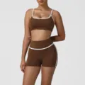 Brown high-waisted athletic two-piece yoga set with white trim, sports bra and shorts. - XL (Recommended 125-135 Jin) / Top And Bottom / Brown