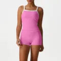 Pink athletic two-piece set featuring contrast strap cami tank top and matching fitness shorts for women. - S / Top And Bottom / Bright Rose Red
