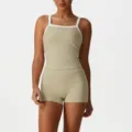 Women's two-piece athletic yoga set featuring a contrast trim crop top and matching shorts. - S / Top And Bottom / Khaki