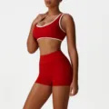 Women fitness sports bra and shorts set, contrast trim high waist yoga activewear outfit. - S / Top And Bottom / Red