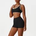 Women athletic yoga set with contrasting color sports bra and high waist fitness shorts SKU. - S / Top And Bottom / Black