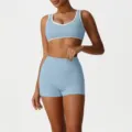 Blue color-block sports bra and high-waist yoga shorts activewear set for gym workout. - S / Top And Bottom / Light Blue Zircon