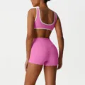 Pink contrast trim sports bra and shorts fitness set, high elastic workout activewear. - S / Top And Bottom / Bright Rose Red