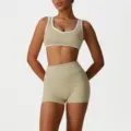 Women's two-piece sports yoga set, contrast trim crop bra and high-waist fitness shorts. - S / Top And Bottom / Khaki