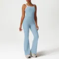Light blue yoga set featuring a contrast color strap sports bra and high waist flared pants. - S / Top And Bottom / Light Blue Zircon