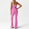 Pink colorblock yoga set, high waist flare pants and sports bra, activewear for women. - S / Top And Bottom / Bright Rose Red