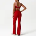 Red contrast sports yoga set with padded bra and high-waisted flared leggings for women. - S / Top And Bottom / Red