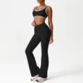 Black yoga set with sports bra and flared pants. Activewear fitness workout outfit variant. - S / Top And Bottom / Black