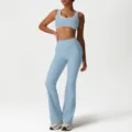 Light blue contrast trim sports yoga set with high waist flared pants and athletic bra. - S / Top And Bottom / Light Blue Zircon