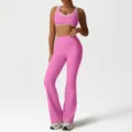 Pink contrast sports yoga set with high waist flare pants and matching bra for fitness. - S / Top And Bottom / Bright Rose Red