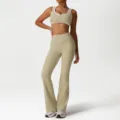 Women sportswear yoga set khaki contrast trim sports bra high waist flared pants - S / Top And Bottom / Khaki