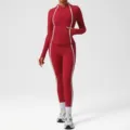 Damen rotes Sport Yoga Set Fitnessbekleidung Langarm Reißverschlussjacke Leggings weiße Paspel. - S / Ober- und Unterteil / Rot
