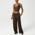 Brown athletic crop top and wide-leg sweatpants set for women, comfortable workout outfit. - Brown (Tank Top + Casual Pants)