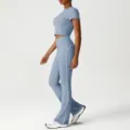 Set sportivo crop top blu e pantaloni yoga a zampa a vita alta per fitness e allenamento. - Blu (Maglietta + Pantaloni a Zampa)