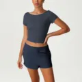 Women casual sports crop top and shorts set, dark grey short sleeve gym fitness activewear. - Grey Blue (Short Sleeve + Shorts)