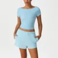 Light blue crop top and shorts set, casual sports outfit, perfect for gym and daily wear. - Light Blue (Short Sleeve + Shorts)