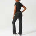Set sportivo nero crop top e pantaloni yoga a zampa vita alta, tuta fitness allenamento. - Nero (Maglietta + Pantaloni a Zampa)