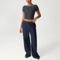 Women casual sportswear set solid color short sleeve crop top with wide leg sweatpants - Grey Blue (Short Sleeve + Casual Pants)