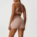Nude Sportbekleidung Set Damen Fitness Yoga Oberteil High Waist Shorts Fitnessstudio - Hot Pink (BH + Shorts)
