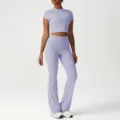 Set sportivo a vita alta effetto nudo con pantaloni da yoga a zampa per fitness - Viola (Maglietta + Pantaloni a Zampa)