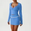 Blue Two-Piece Workout Set Long Sleeve Crop Top Mini Skirt Gym Fitness Activewear - S / Top And Bottom / Royal Blue