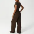 Brown short sleeve top and high waist wide leg pants set casual tracksuit outfit style - Brown (Short Sleeve + Casual Pants)